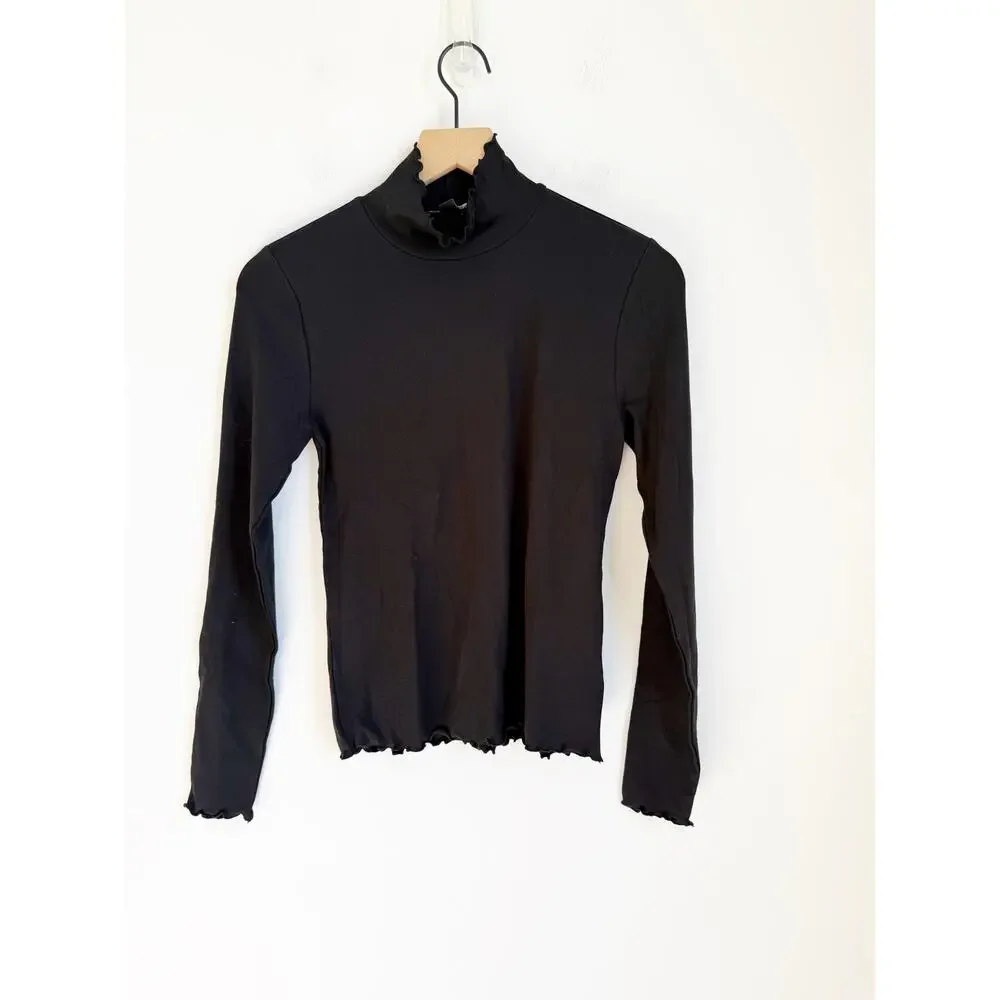 NEW J.CREW Lettuce Ruffle Trimmed Turtleneck Top Black Small